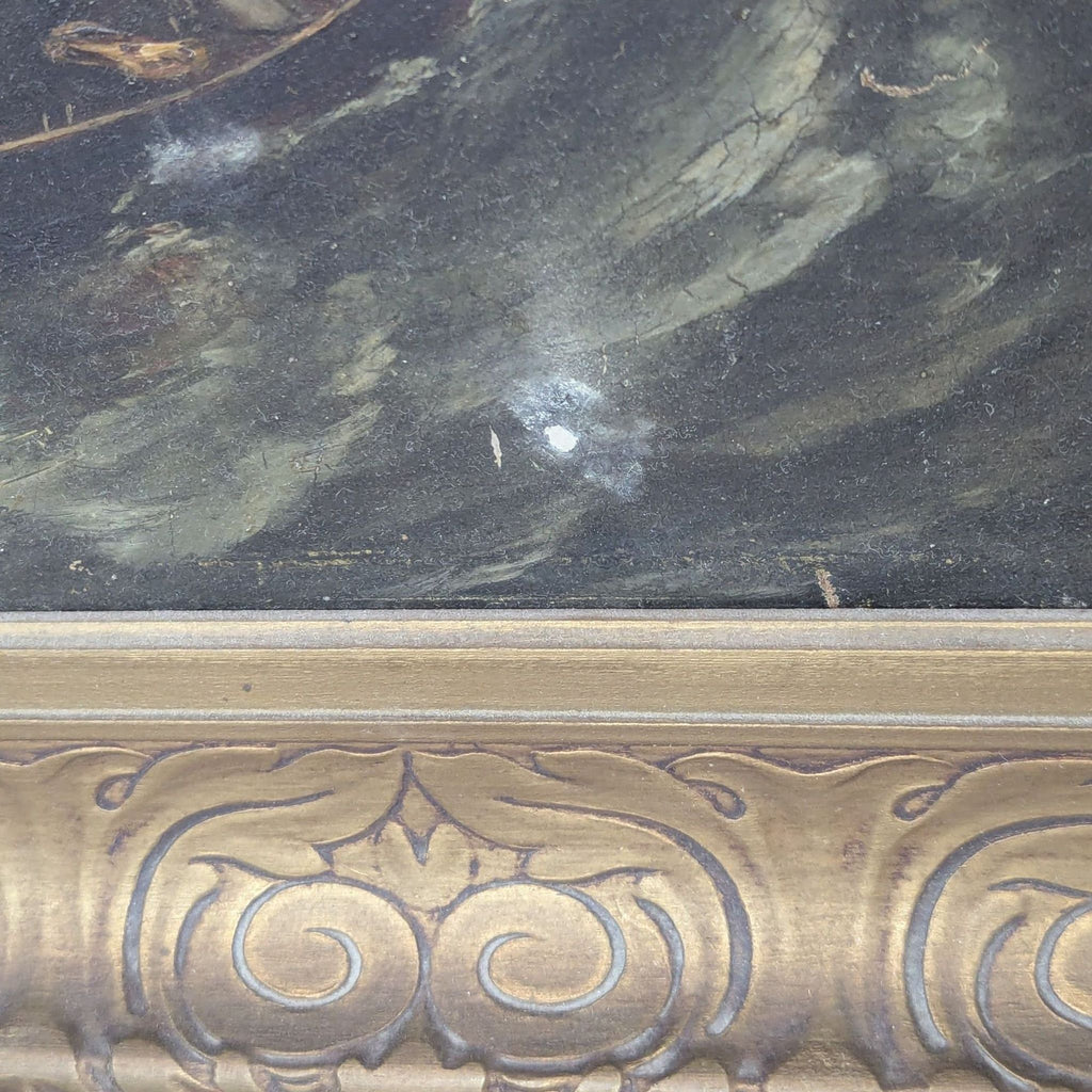 2. Close-up of the maritime painting shows textured brushwork and minor marks near the frame edge.