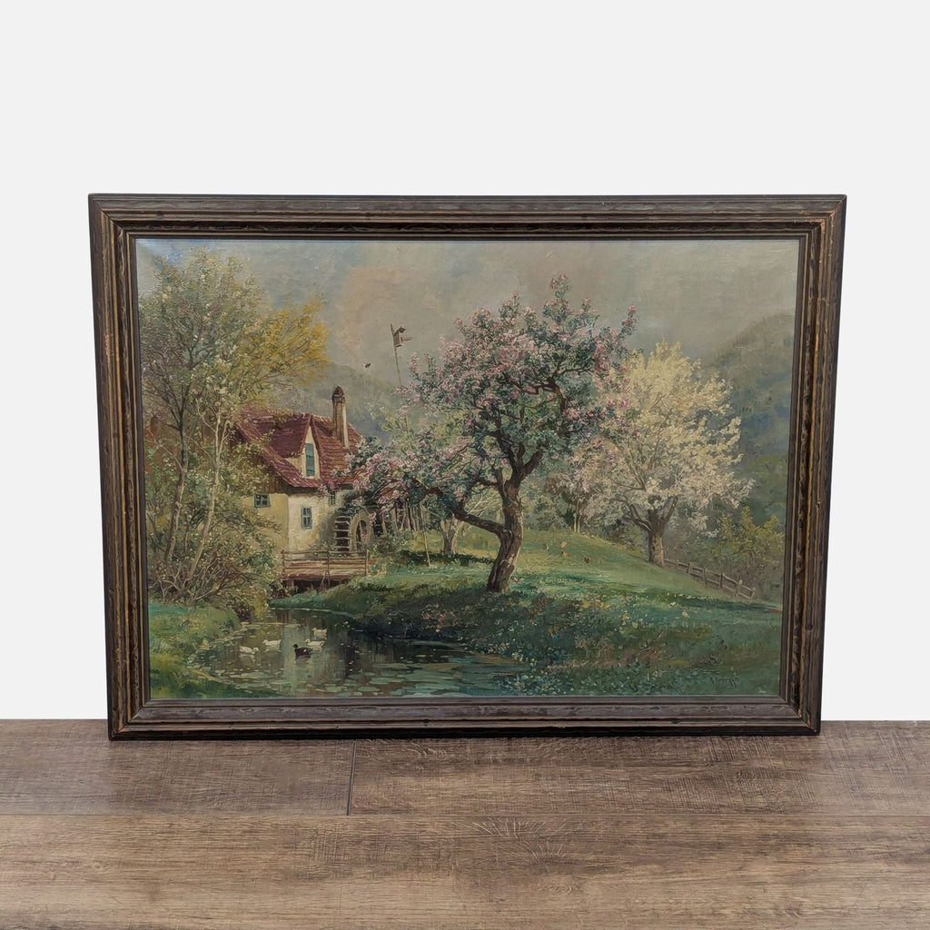 1. Framed painting of a spring landscape with a watermill, blooming trees, and ducks in a pond by Alois Arnegger.  