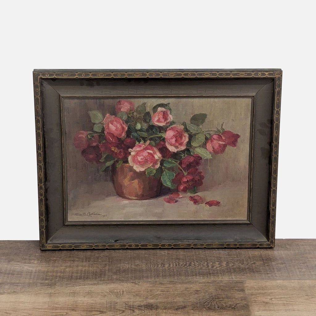 1. Framed still life painting of pink roses in a pot, signed and dated 1916 by Alice Brown Chittenden.