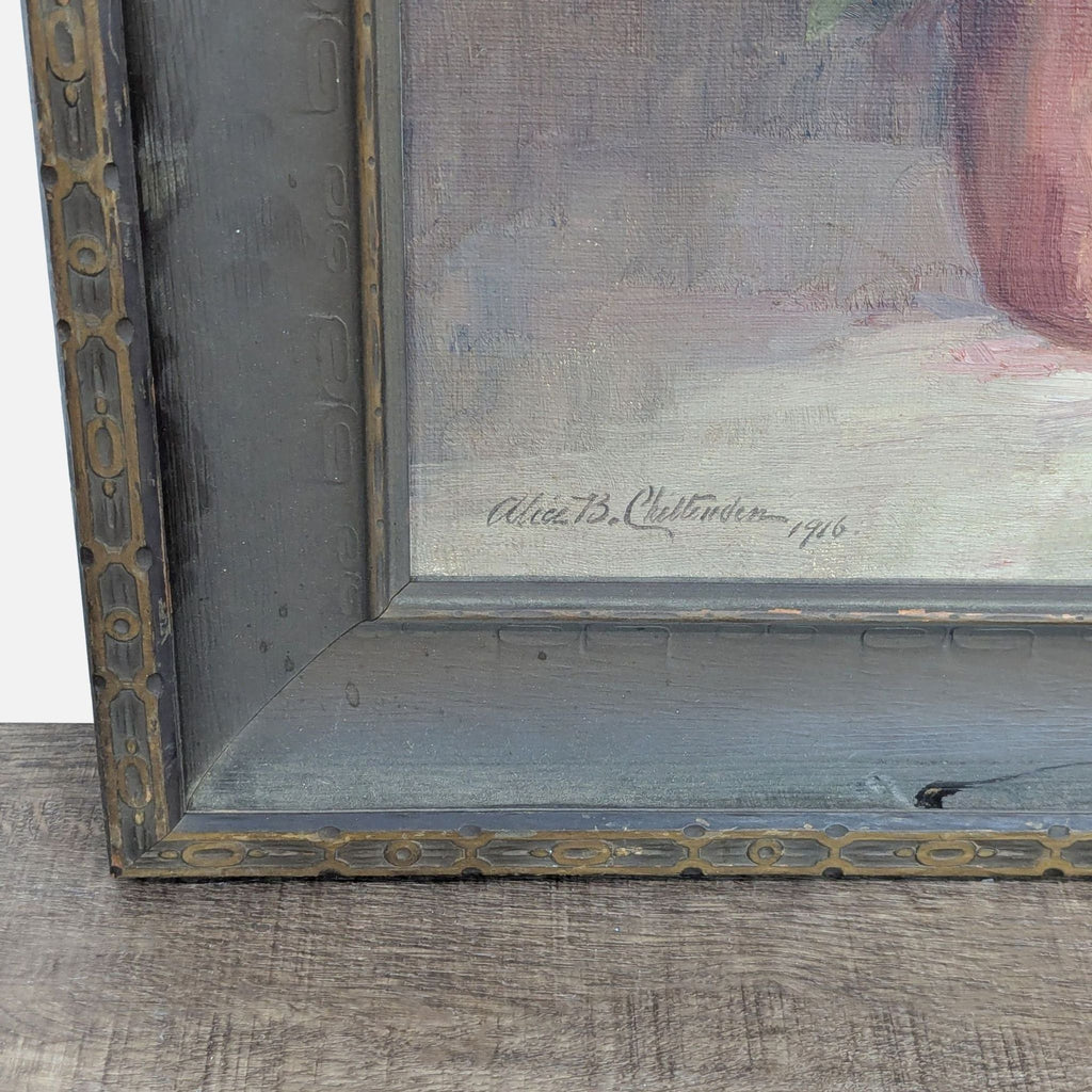 2. Close-up of the artist’s signature, “Alice B. Chittenden, 1916,” on the framed still life with roses.