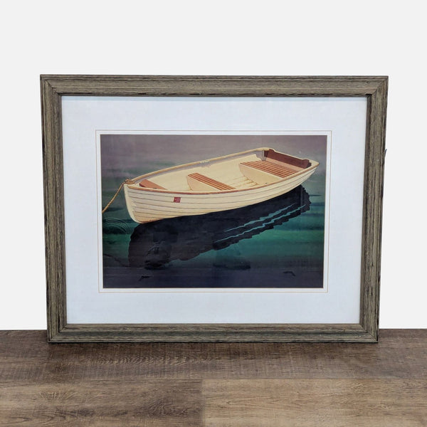 1. Framed Eve Thompson painting of a wooden rowboat floating on calm water, titled "Calm Reflections."