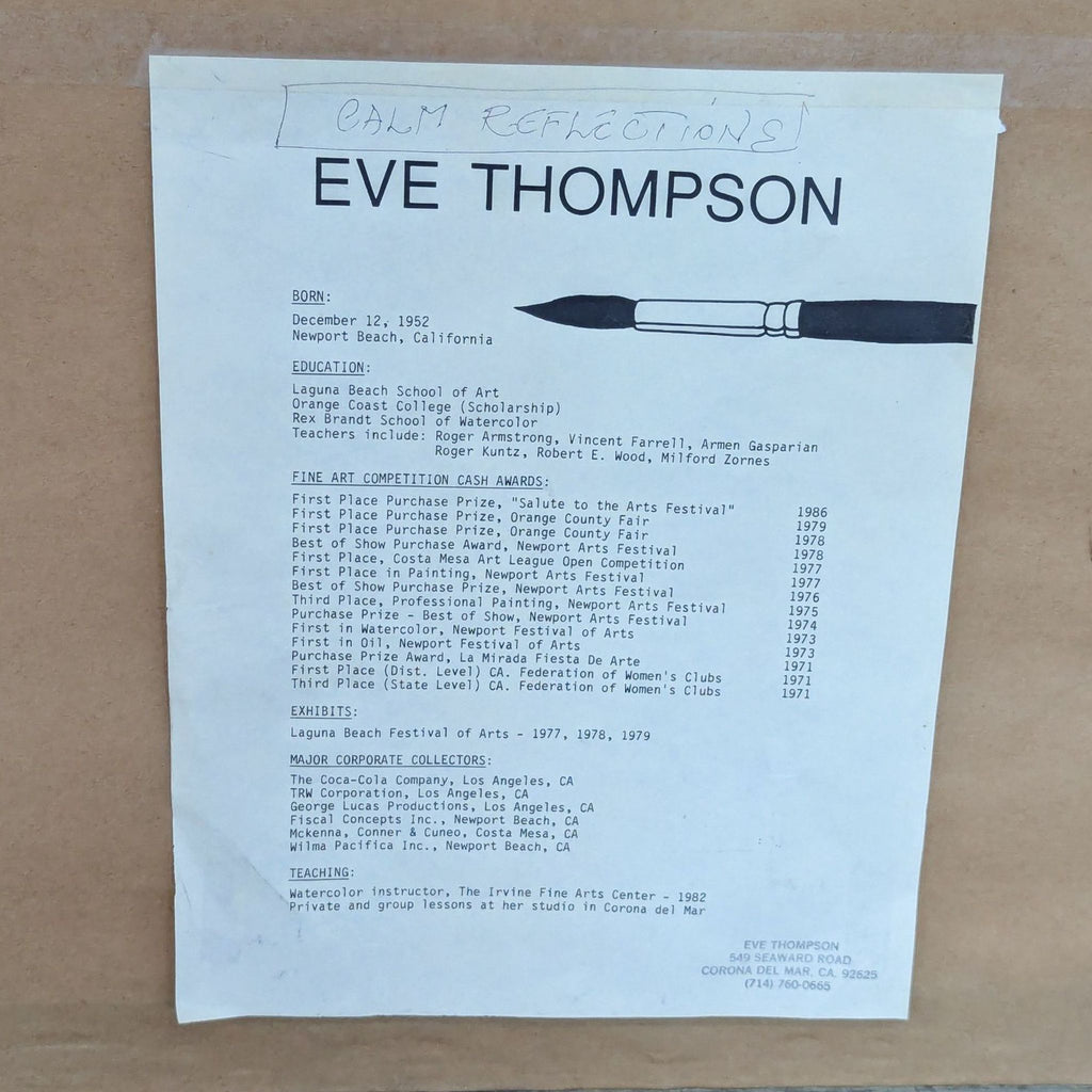 3. Artist bio sheet for Eve Thompson featuring her awards and exhibition history, attached to the picture's back.