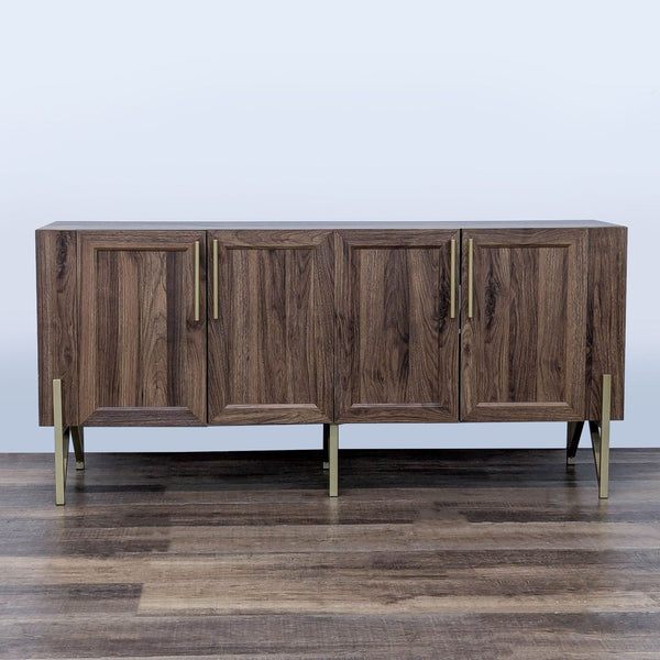 1. Reperch entertainment center with wood finish, featuring metal hardware and sturdy metal legs.