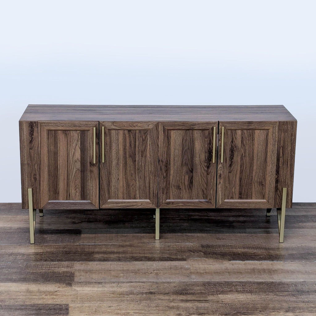 3. Modern Reperch entertainment center in dark wood, accentuated with sleek metal handles and a metal base.