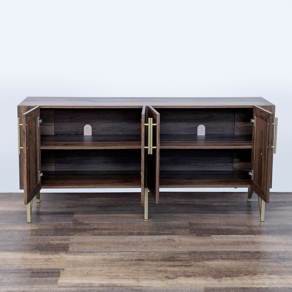 2. Reperch entertainment center open to reveal spacious storage, shelves, and cable management holes.