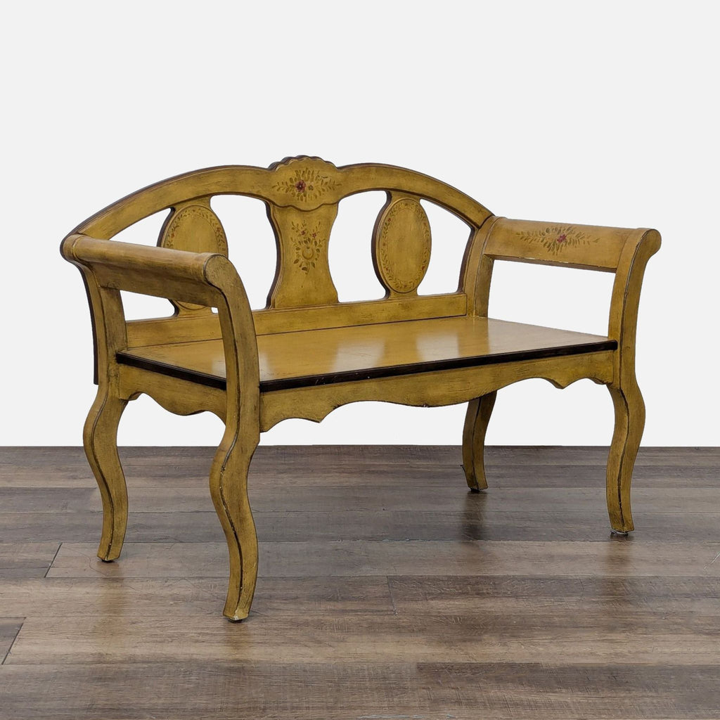 2. Pulaski Furniture bench in a yellow finish, curved legs, sided armrests, and decorative oval back panels.