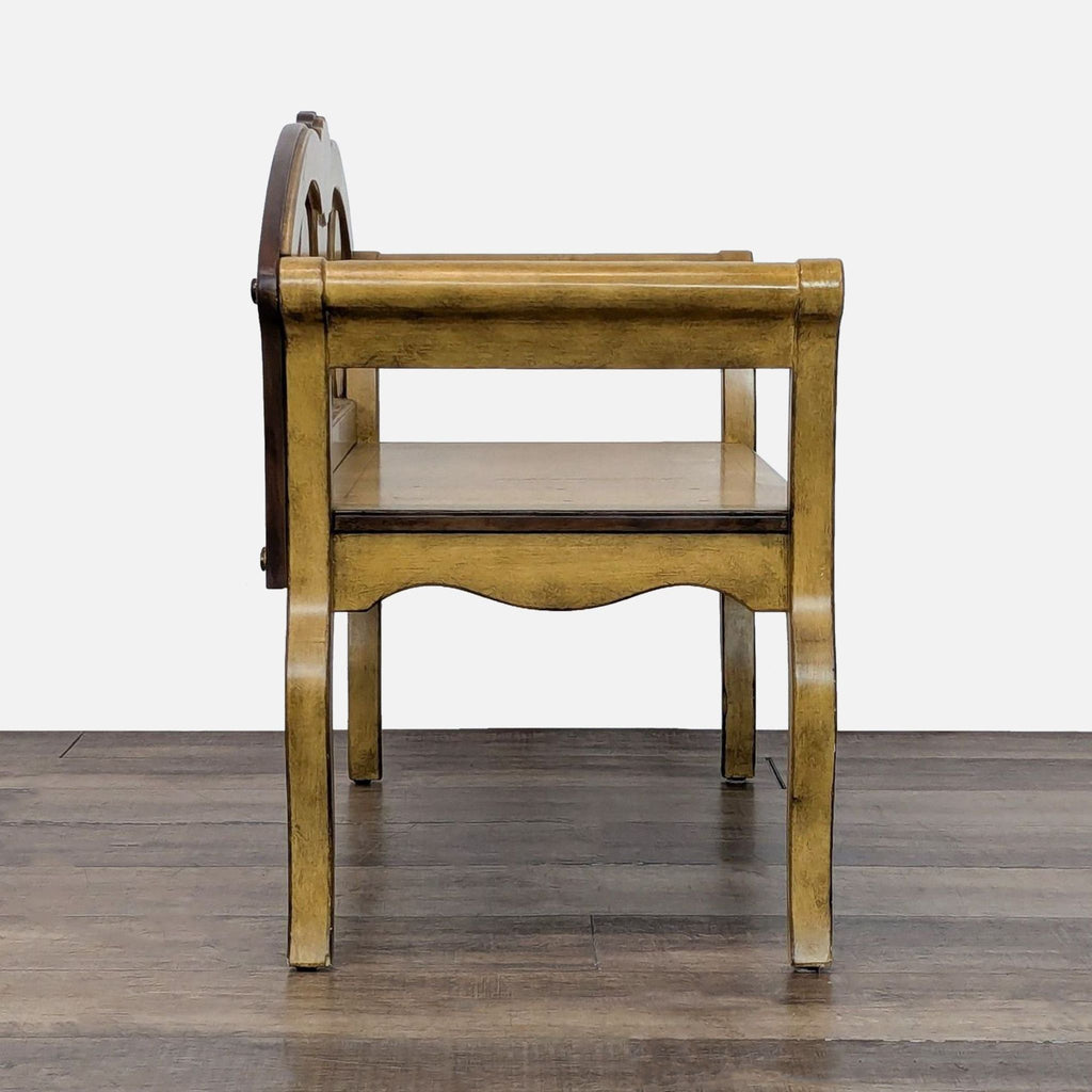 3. Side view of Pulaski Furniture yellow bench showing straight back support, rolled armrest, and wooden seat.