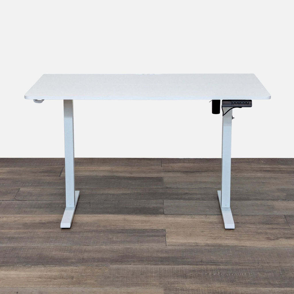Adjustable white standing desk by Bestqi Innovation, shown at standard height on a wood floor.