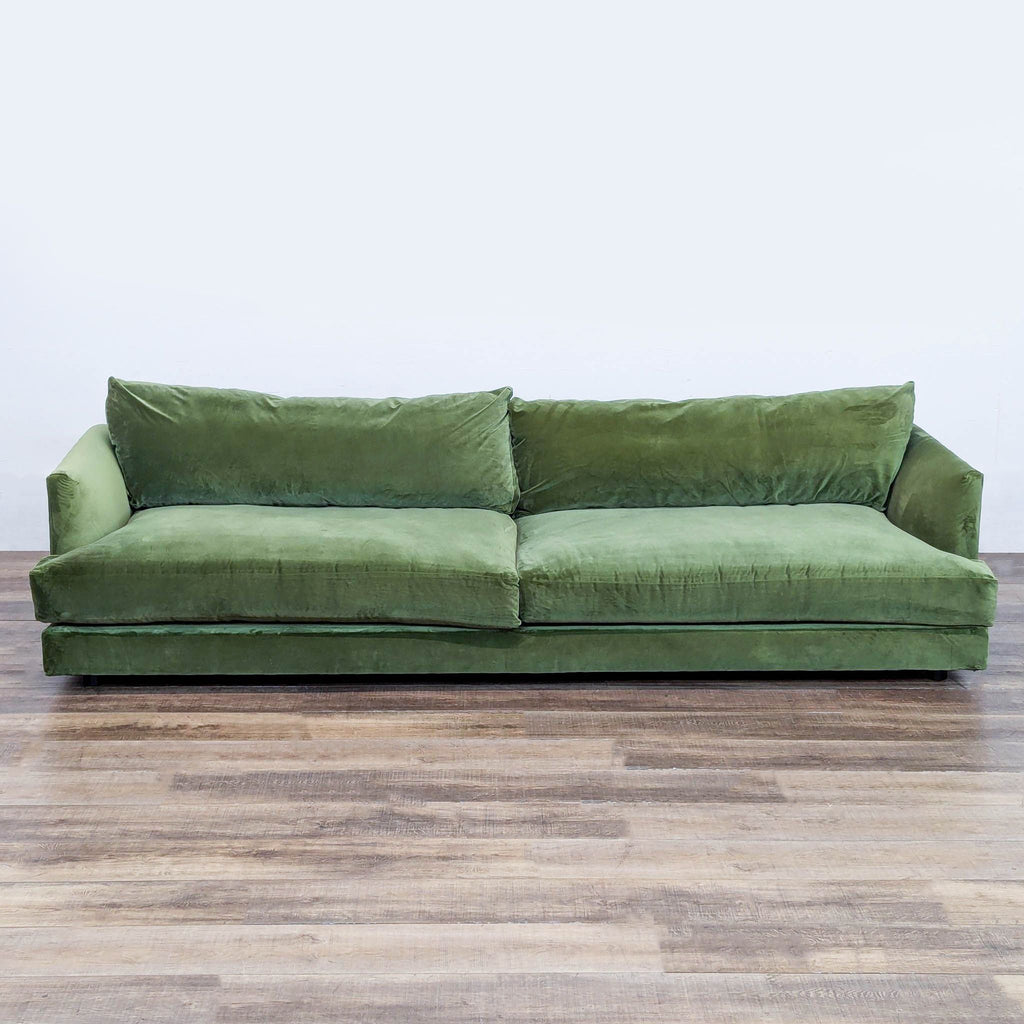 Front view of West Elm Haven 3-seat sofa in Tarragon Velvet, featuring deep seat and low padded arms.