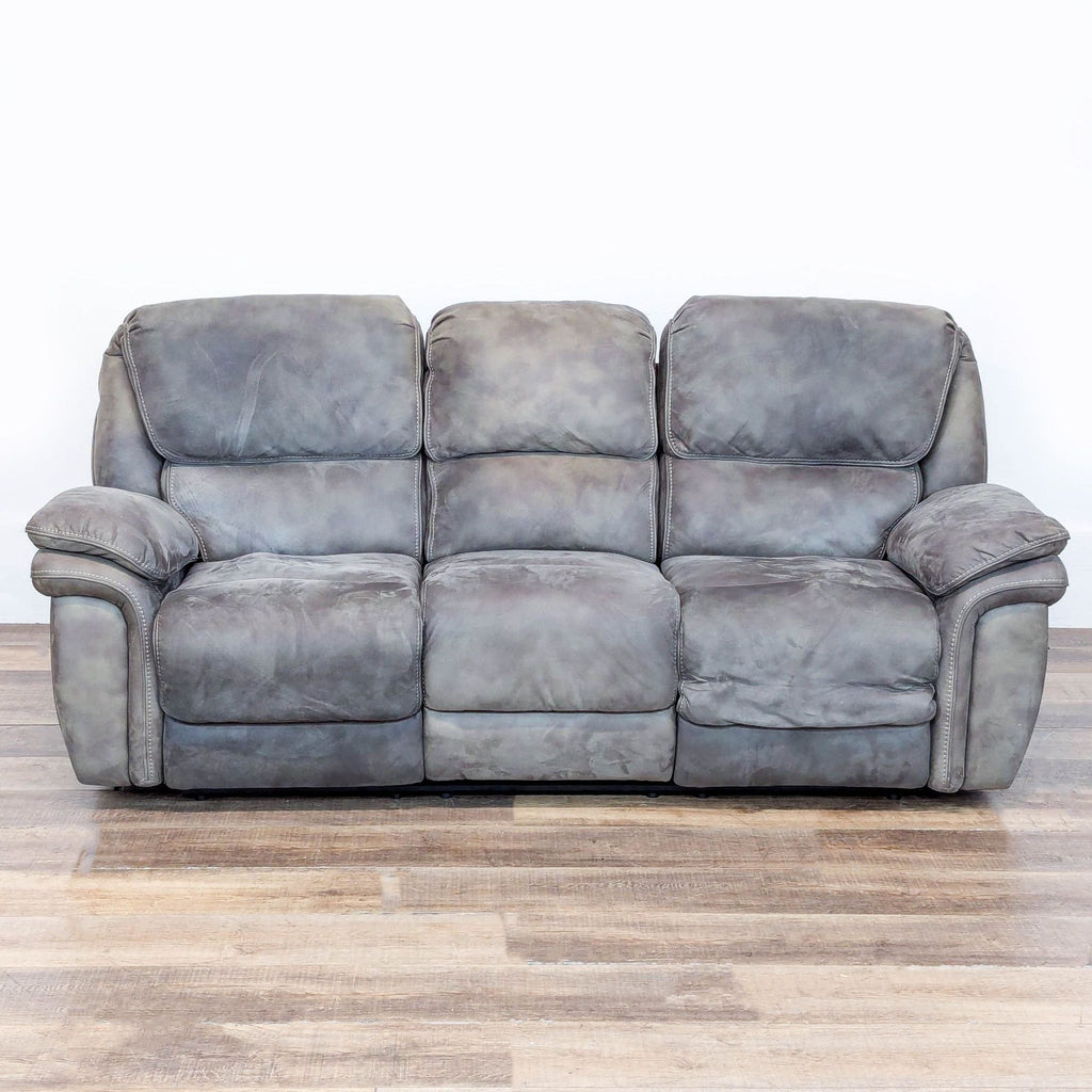 1. Gray Reperch 3-seat sofa with plush cushions, power reclining seats, and built-in USB ports, front view.