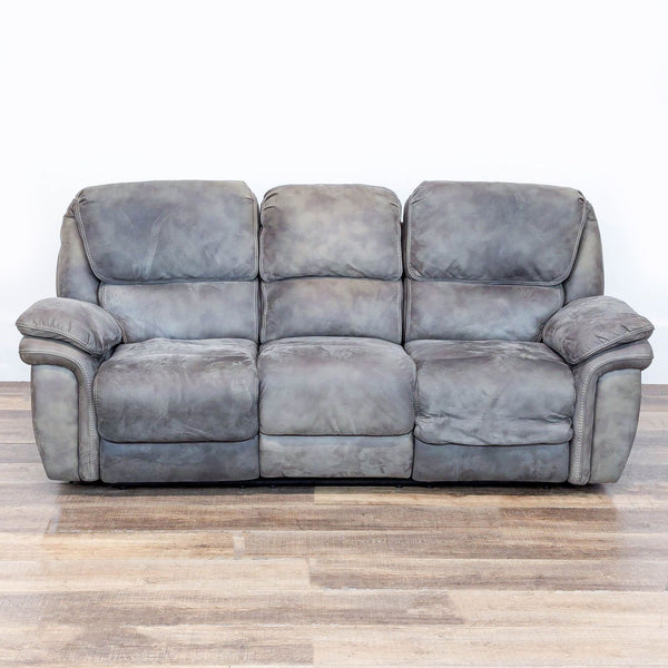 1. Gray Reperch 3-seat sofa with plush cushions, power reclining seats, and built-in USB ports, front view.