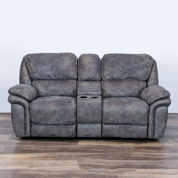 1. Gray Reperch loveseat with two power recliners, USB ports, and a center console with cup holders.