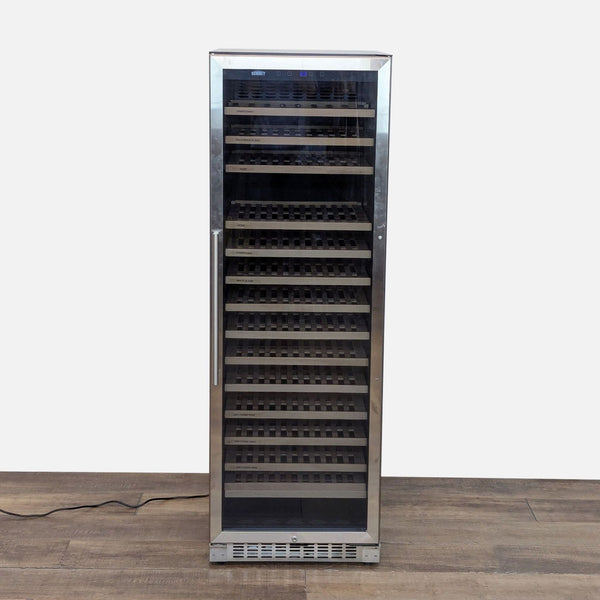 Front view of a Summit stainless steel wine refrigerator with glass door and multiple wooden shelves for bottle storage.