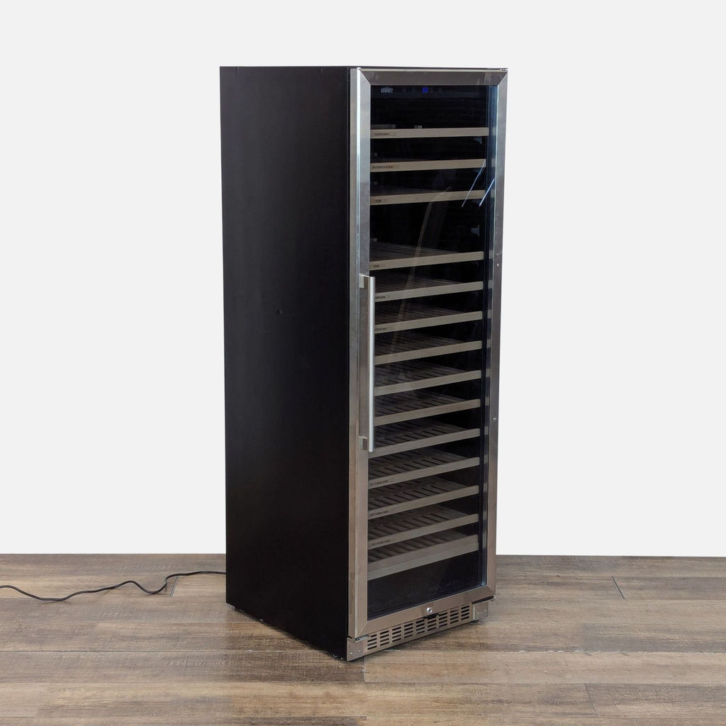 Angled view showing the Summit wine refrigerator's sleek black cabinet, stainless steel trim, and slide-out shelving.