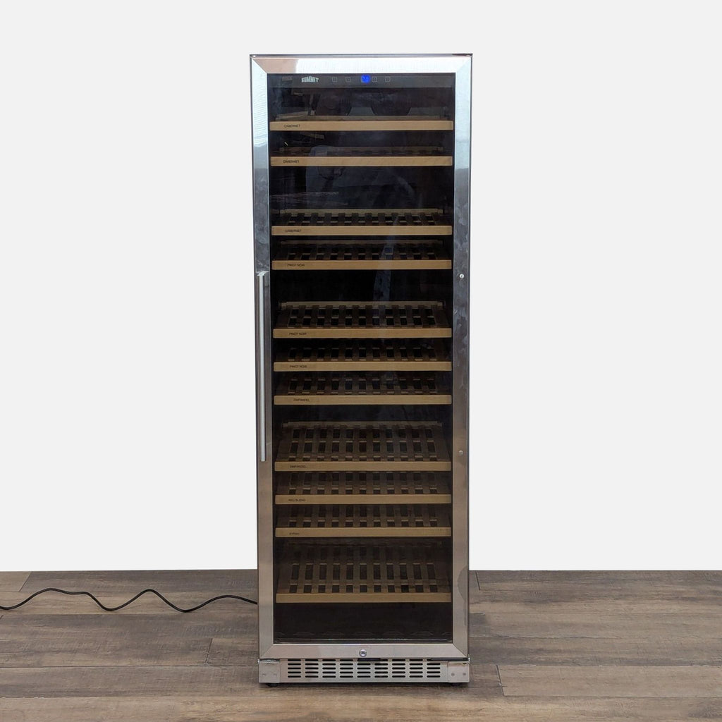 1. Summit stainless steel wine refrigerator with glass door and wooden shelves, designed for stylish wine storage.