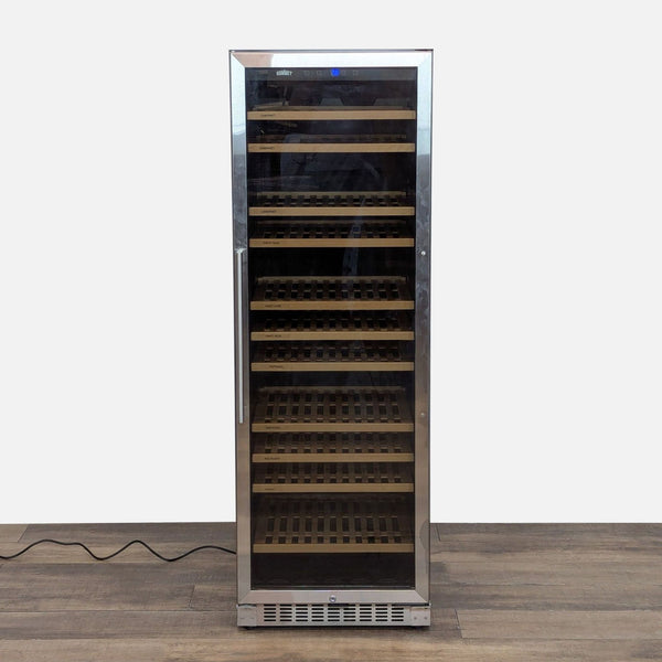 1. Summit stainless steel wine refrigerator with glass door and wooden shelves, designed for stylish wine storage.