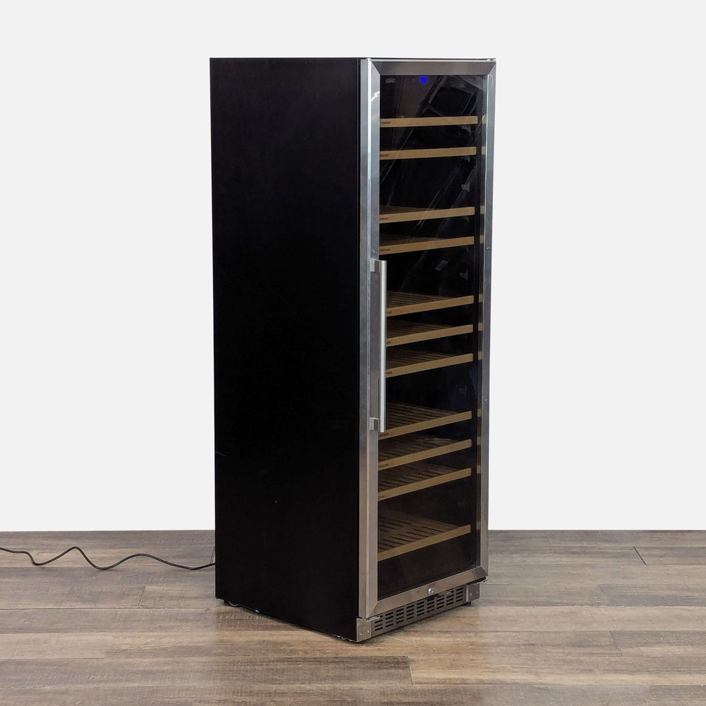 2. Black cabinet Summit wine cellar, side view showing modern stainless frame and multiple slide-out shelves.