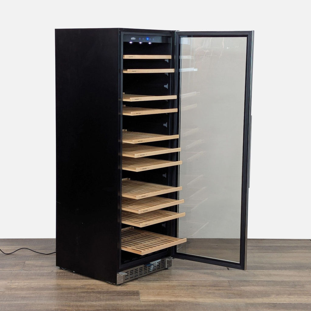 3. Summit wine refrigerator with glass door open, displaying adjustable wooden shelves for flexible bottle organization.