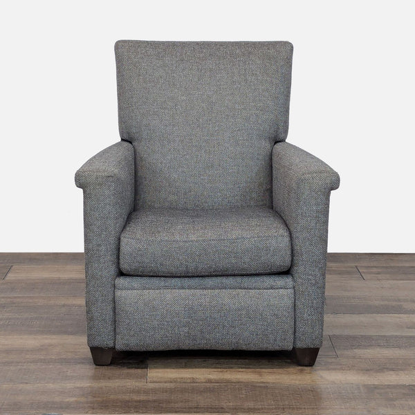 1. Crate & Barrel lounge chair with high back, tailored fabric, and manual recline, front view.  