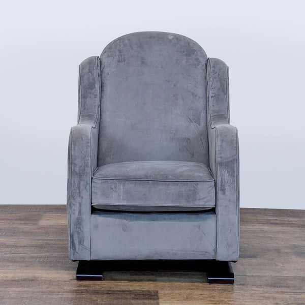Front view of a Reperch lounge chair with curved lines and soft grey chenille upholstery.
