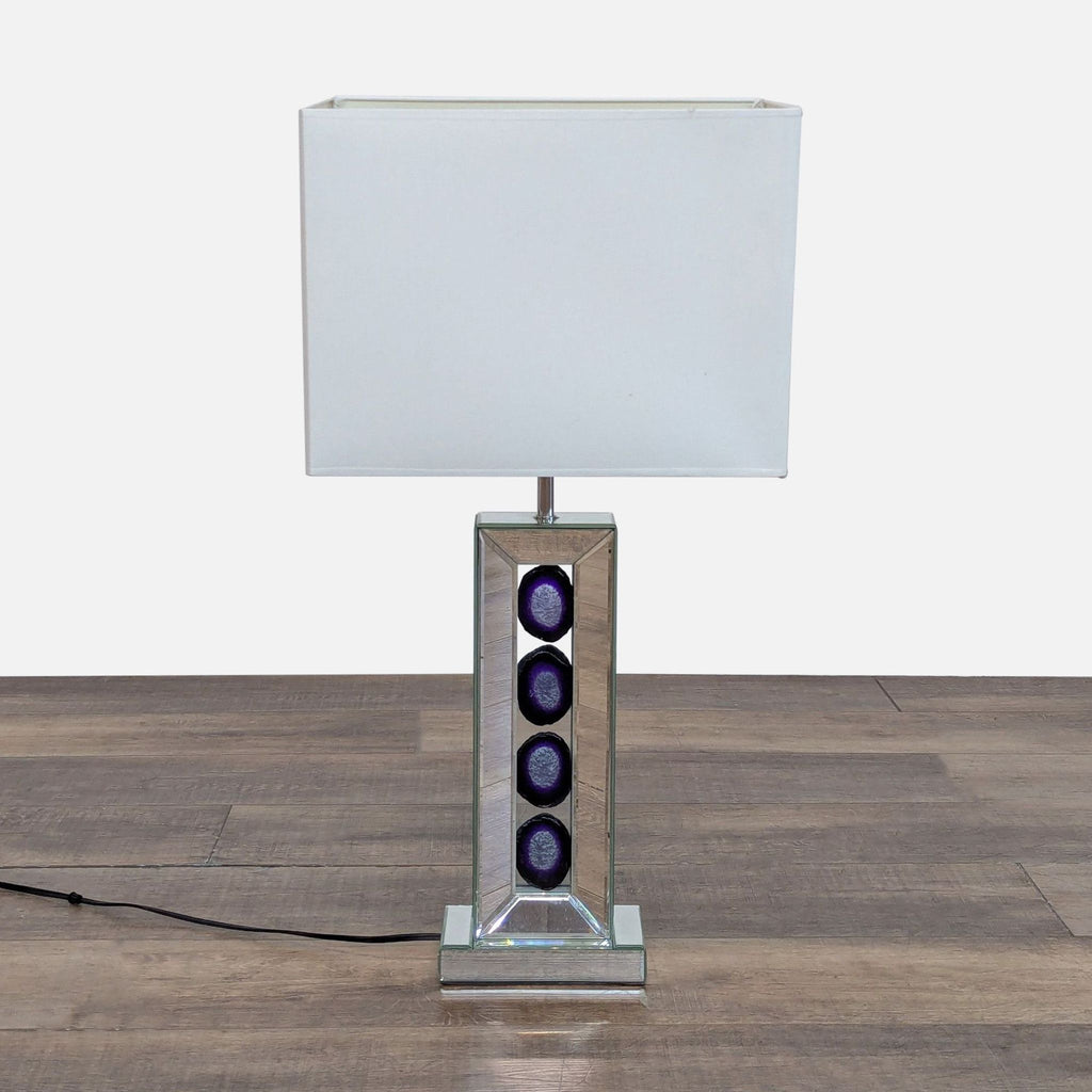 Modern Mirrored Table Lamp with Amethyst Accents and White Shade