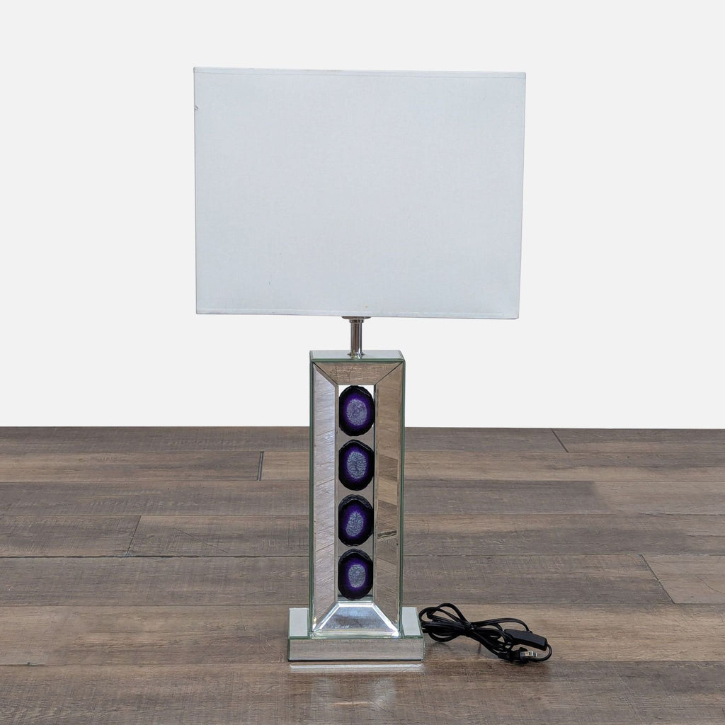 1. Reperch table lamp with beveled mirror base, amethyst slab accents, and white fabric shade, lighting category.