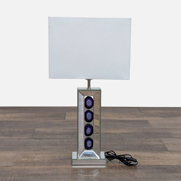 1. Reperch table lamp with beveled mirror base, amethyst slab accents, and white fabric shade, lighting category.