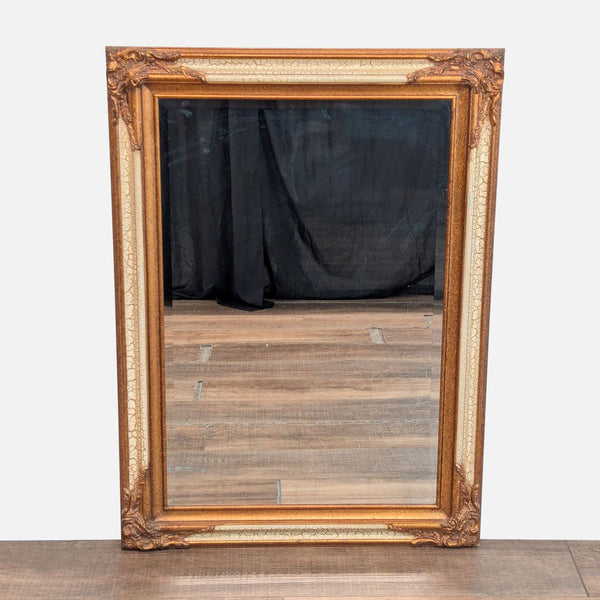 1. Rectangular Reperch mirror with carved, gilded frame and crackle glaze, shown from the front.