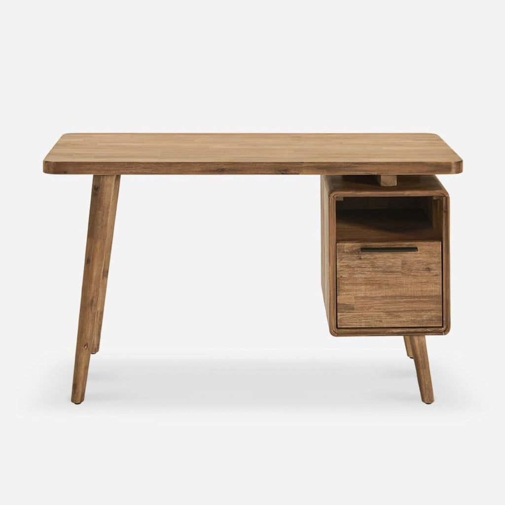 1. Castlery desk in honey tone acacia wood with single drawer and open shelf, brush distressed finish.