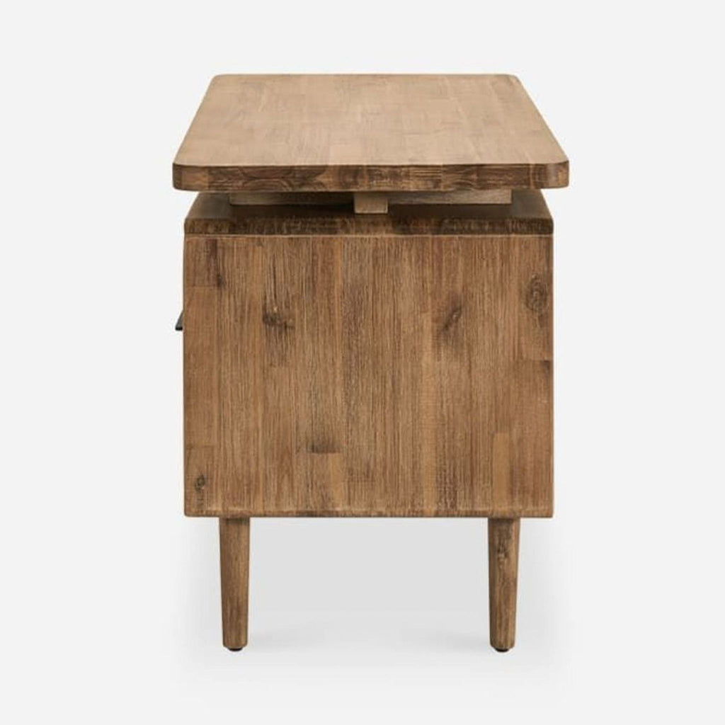 2. Side view of Castlery desk highlighting acacia wood texture and brush distressed honey finish.