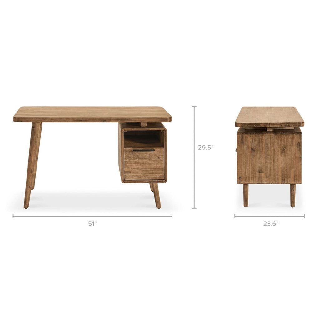 3. Castlery acacia wood desk with drawer, shelf, and dimensions: 51" wide, 29.5" high, 23.6" deep.