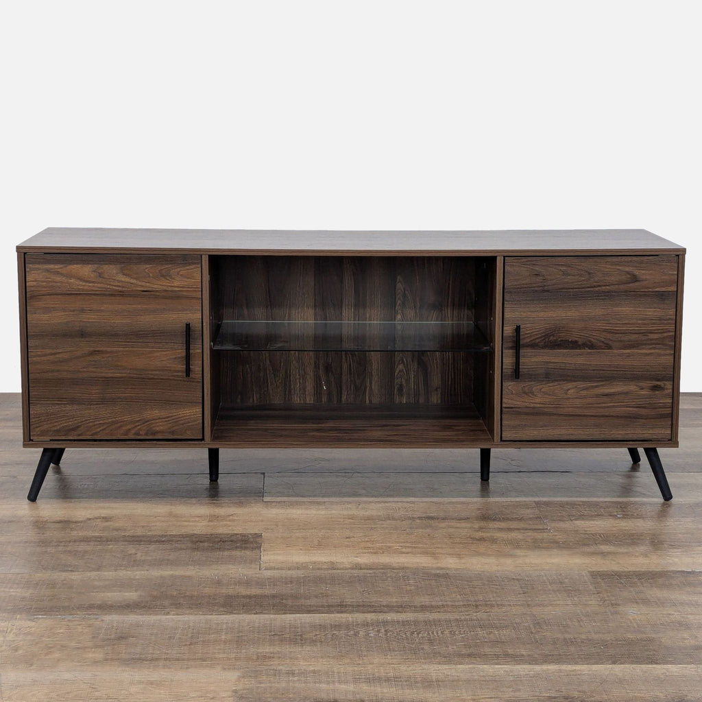 1. Walker Edison entertainment center with two side cabinets, open central shelving, and a dark wood finish.