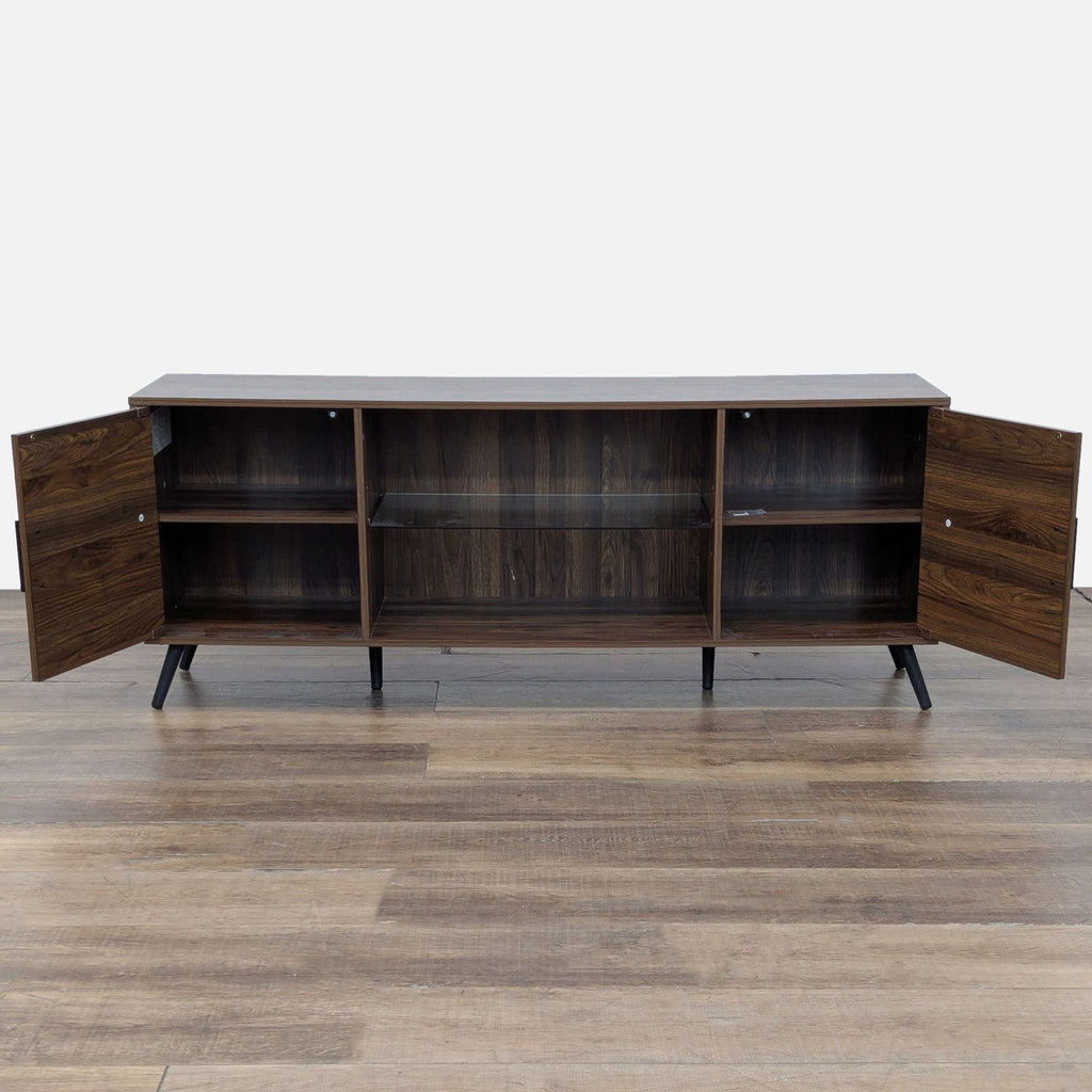 3. Entertainment center by Walker Edison featuring adjustable shelves and open doors revealing six storage spaces.