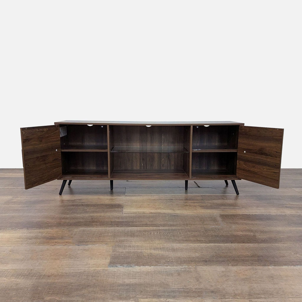 2. Modern Walker Edison entertainment center with both cabinet doors open, showing spacious storage sections inside.