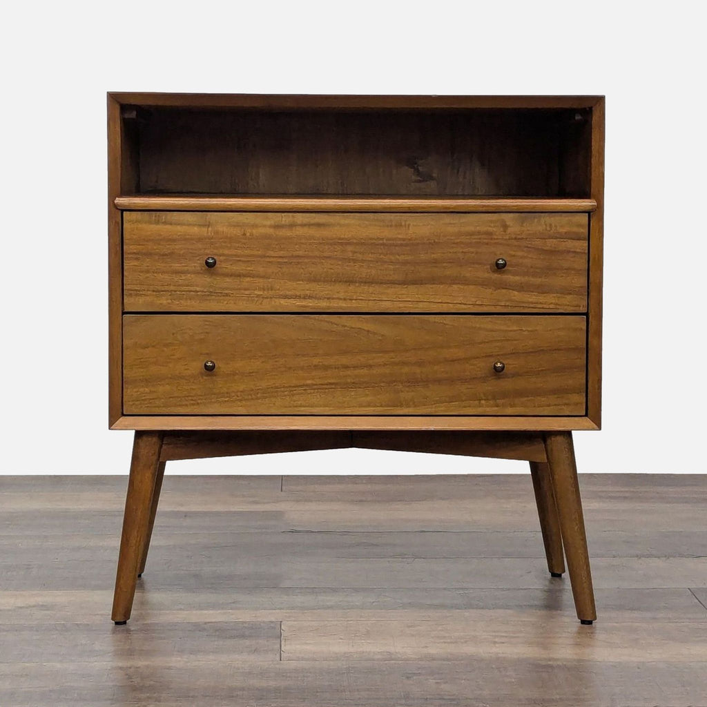 1. West Elm end table with eucalyptus and acacia veneer featuring two drawers and an open shelf, mid-century style.