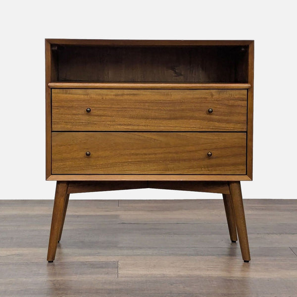 1. West Elm end table with eucalyptus and acacia veneer featuring two drawers and an open shelf, mid-century style.