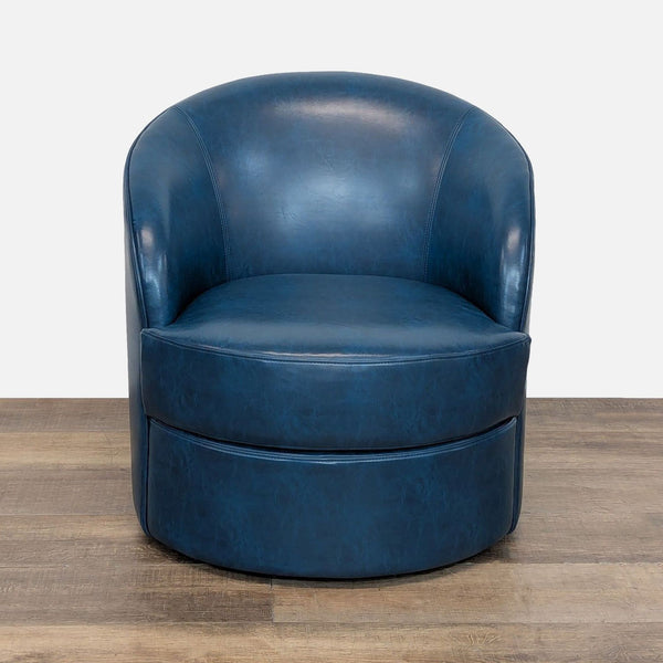 1. Blue faux leather barrel back chair with 360-degree swivel metal base, front view, by Reperch Lounge.