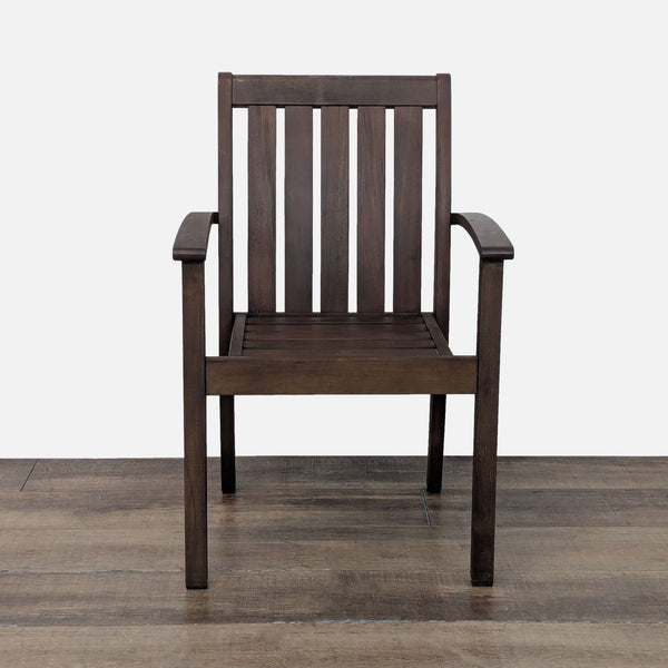 1. Front view of the Pottery Barn Chatham chair made from dark FSC Mahogany with slat design and armrests.