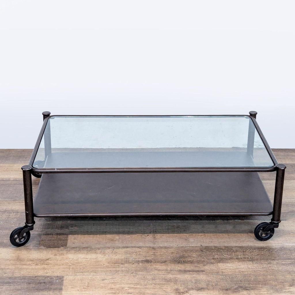 Glass Top Coffee Table with Metal Shelf on Wheels