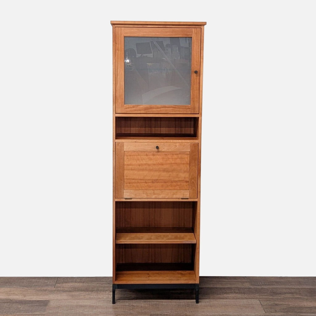 1. Tall Room and Board bookshelf with frosted glass cabinet, open shelves, and a drop-down desk feature.
