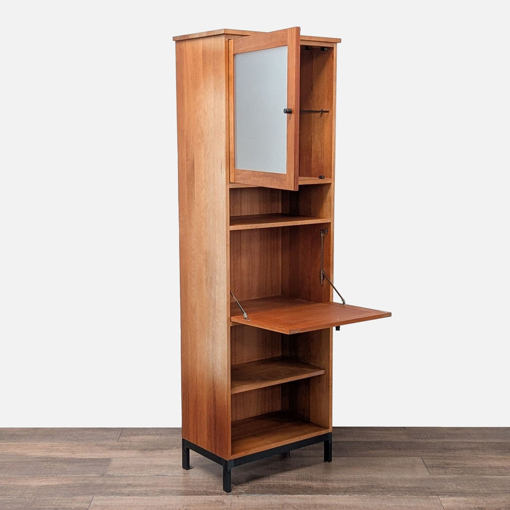 3. Side view of Room and Board bookshelf showing frosted glass cabinet, open shelves, and extended desk surface.
