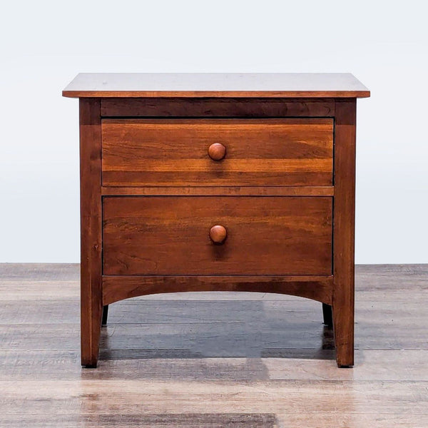 1. Ethan Allen end table in wood finish, featuring two drawers with round wooden knobs, viewed from the front.