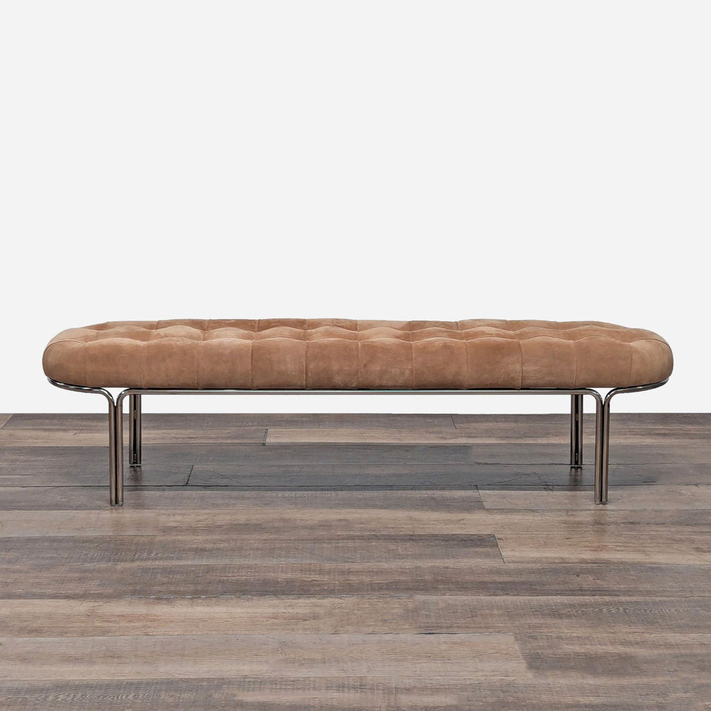 1. Oval camel-colored suede bench with deep tufts, metal legs, designed by Mermelada Estudio for CB2.