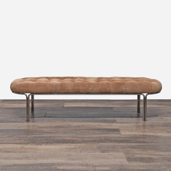 1. Oval camel-colored suede bench with deep tufts, metal legs, designed by Mermelada Estudio for CB2.