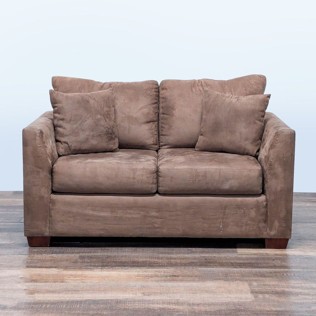 1. Brown Reperch Loveseat with angled track arms, microfiber upholstery, and removable seat and back cushions.  