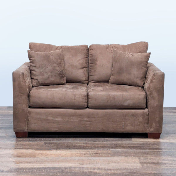 1. Brown Reperch Loveseat with angled track arms, microfiber upholstery, and removable seat and back cushions.  