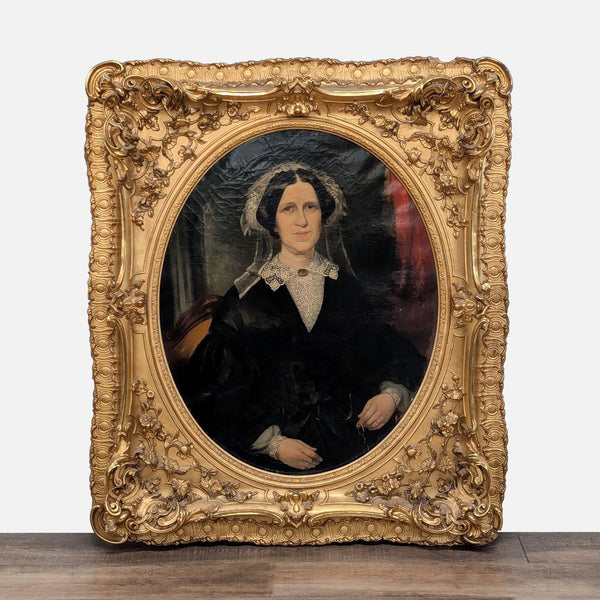 1. Portrait of a seated woman in black dress, framed in an ornate, gold-gilded carved wood frame.