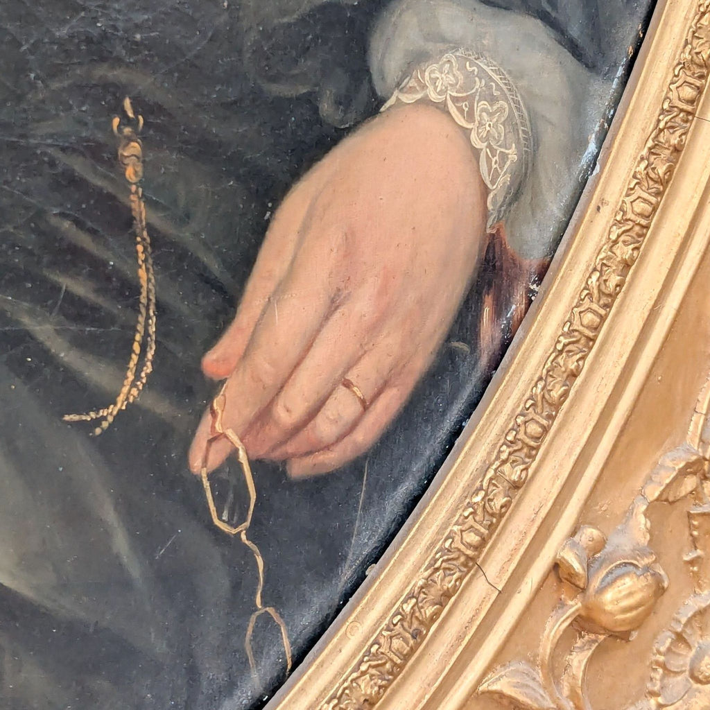 2. Close-up of a hand holding spectacles, highlighting lace cuff and intricate gold frame details.
