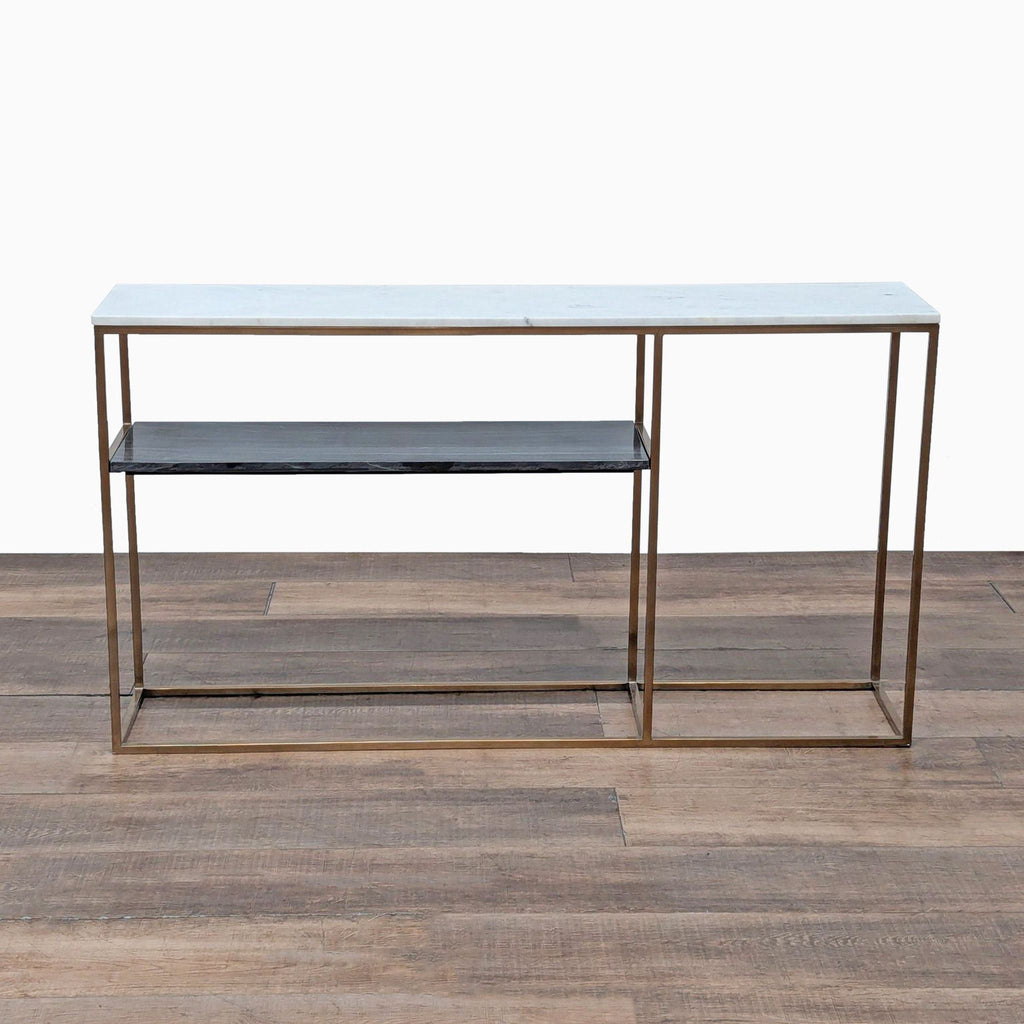 1. CB2 side & console table with white marble top, grey marble shelf, and slim metal frame on wood floor.