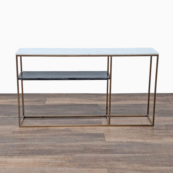 1. CB2 side & console table with white marble top, grey marble shelf, and slim metal frame on wood floor.